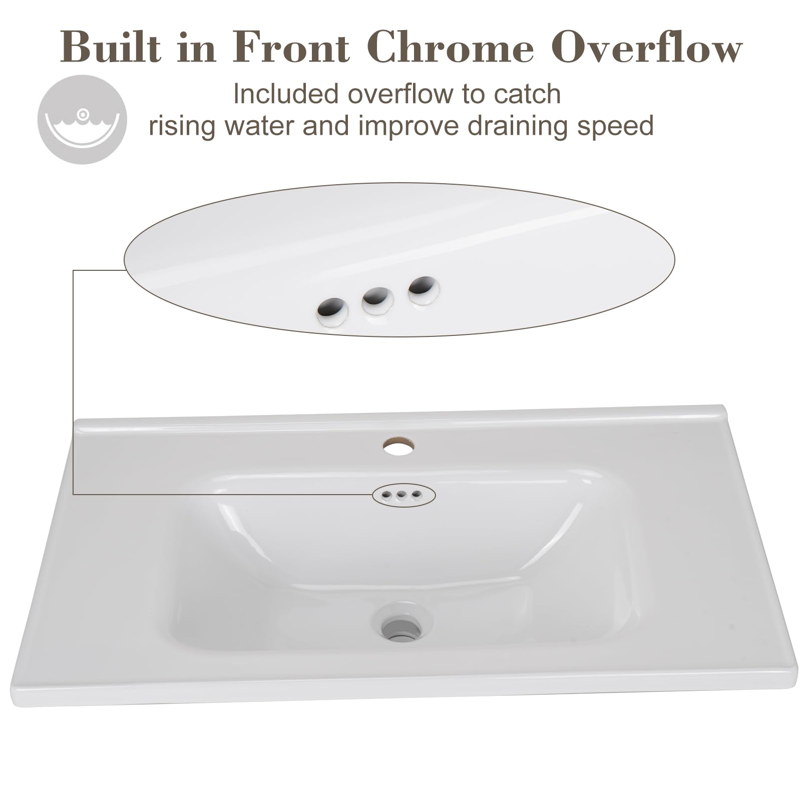 Lavabo empotrable de cerámica de 80 cm con orificio para grifo, rebosadero, uso para baño
