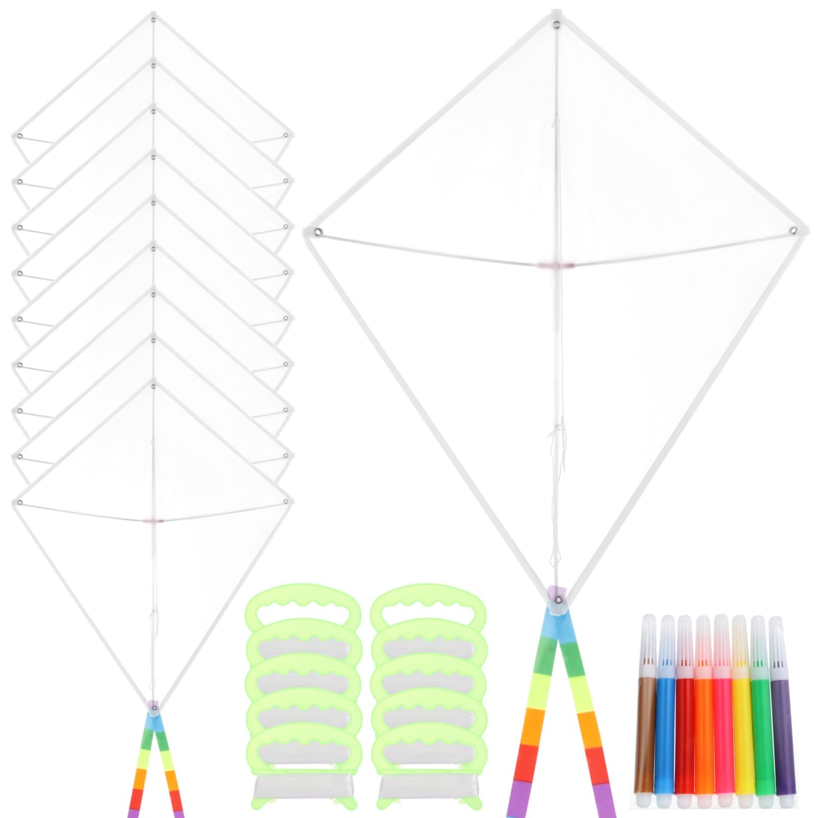 Paquete de 10 cometas en blanco, kit de fabricación a granel para manualidades, kit de fabricación de cometas para niños, kit para hacer tu propio kit de cometas incluye 8 bolígrafos de acuarela para