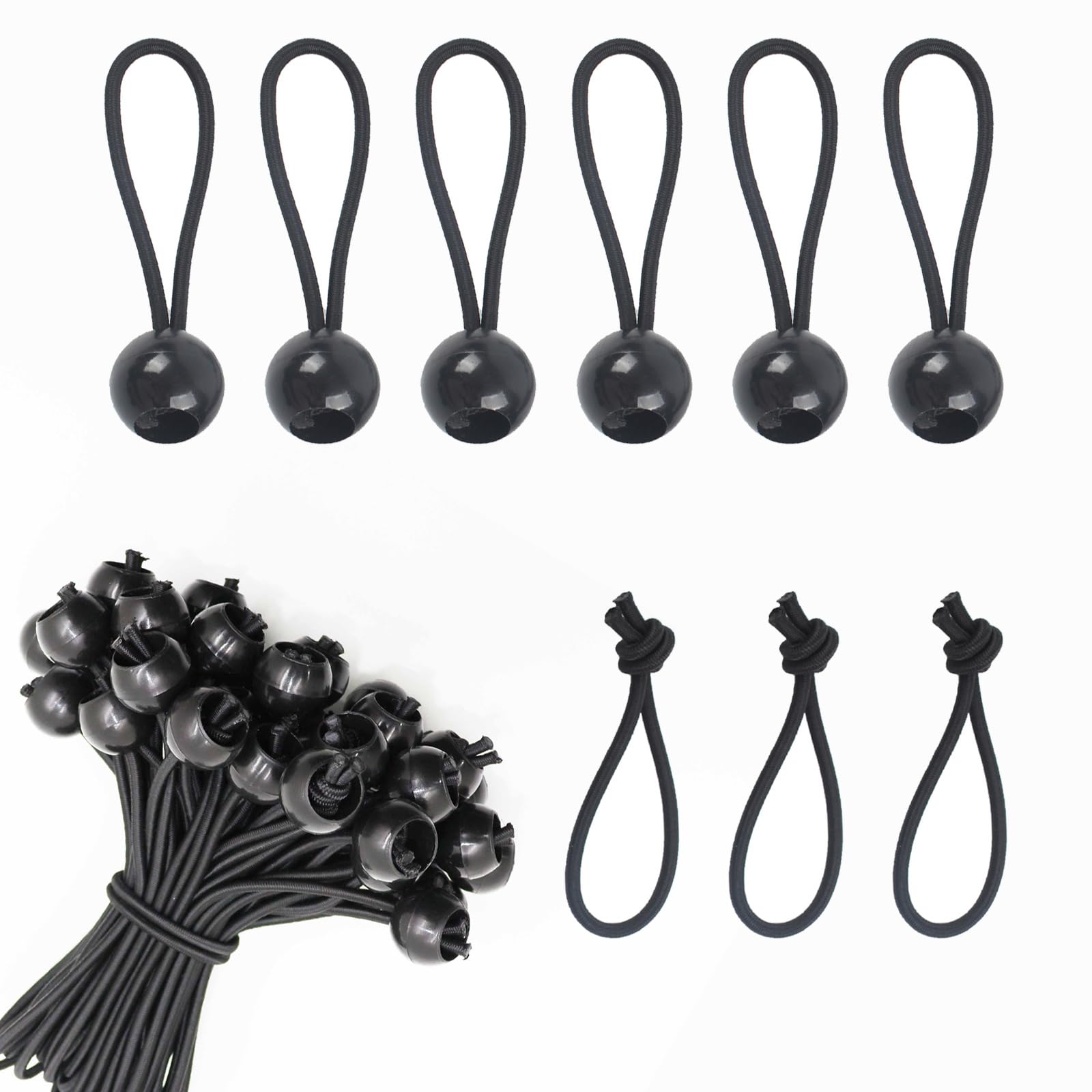 Jyvlucient 50PCS Bungee Cords with Balls 4 Inch Tarpaulin Bungee Cords Bungee Balls Small Heavy Duty Elastic Ties Elastic Bungee Straps Short Tie-Down Adjustable Flag Bungees Black