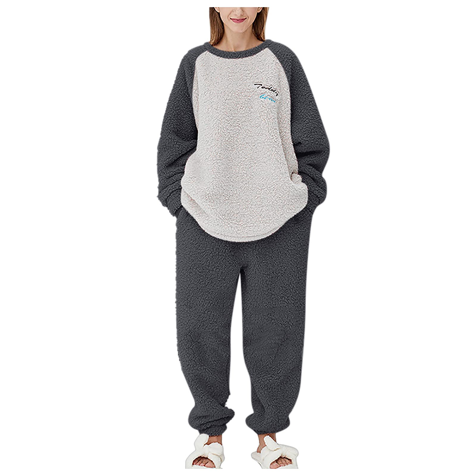 Conjunto de pijama atractivo para mujer, para invierno, otoño, cómodo, cálido, manga raglán, bloque de color, forro polar, suave, transpirable, algodón, pijama, pantalones, ropa de dormir