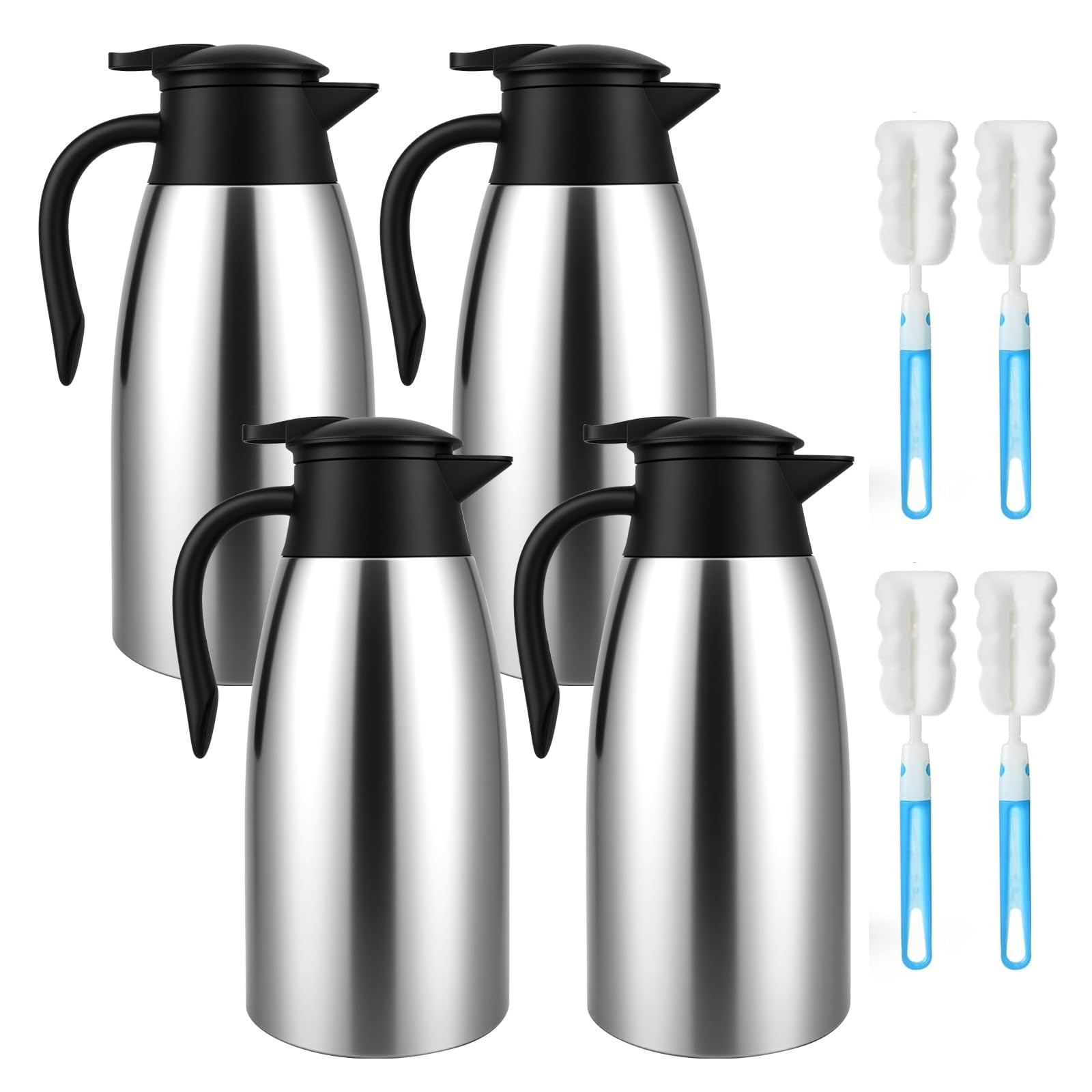 4 pcs 68 oz thermal coffee carafe with 4 pcs brushes, sus 304 stainless steel double walled vacuum insulated coffee carafes for keeping hot 12 hours, cold 24 hours, carafe for hot liquids, beverages