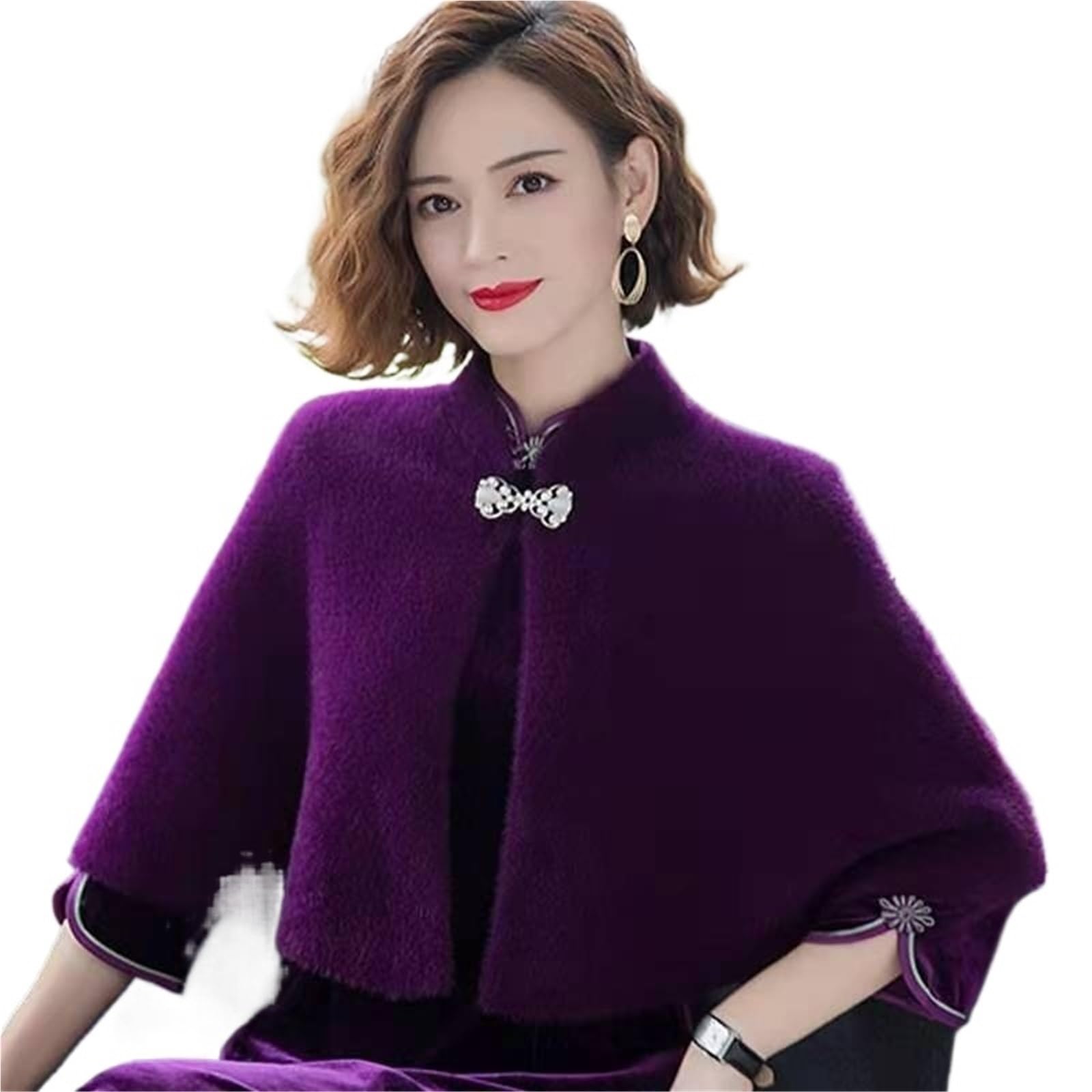 Poncho Mujer Ponchos de invierno, capas cheongsam lana, otoño for mujer, cuello alto liso, tops temperamento con un botón
