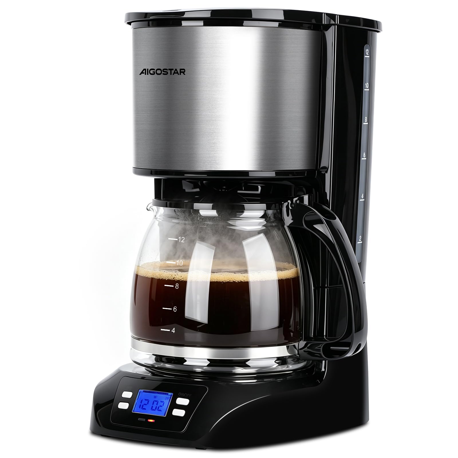 Aigostar Benno - Digitale Kaffeemaschine, Kaffeebrüher mit programmierbarer Timer, bis 12 Tassen, 1,5L, Warmhalteplatte, Tropf-Stopp, 800Watt, FilterKaffeemaschine Edelstahl, Schwarz