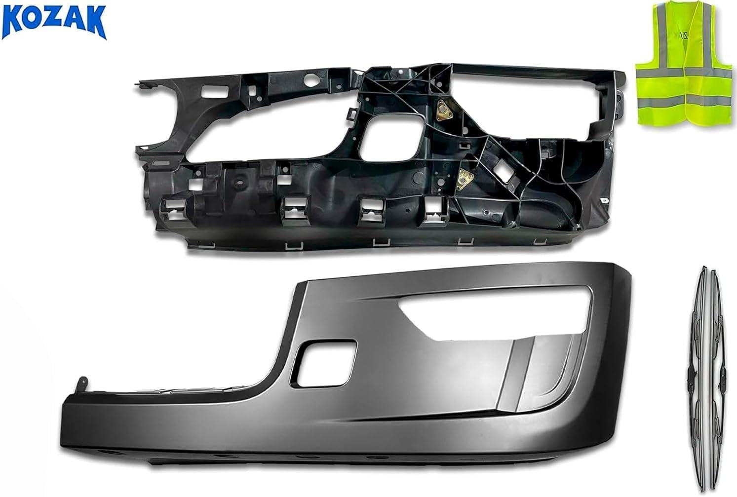 KOZAK Bumper Corner Outer Paint with Fog Lamp Hole & Inner Bumper Reinforcement Set, Left Driver Side Compatible with Peterbilt 579 2022+ Includes Logo, 2x 22 Wipers, Keychain and Vest