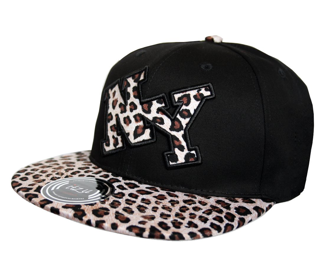 Itzu Mens New York NY Black Leopard Print Peak Snapback Baseball Cap Hat (Adult)