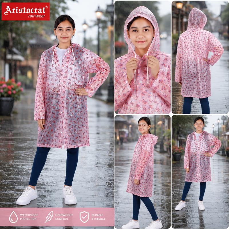 Image of Aristocrat Kids Humpty Dumpty Waterproof Raincoat with Hood | Knee Length Rainwear for Boys & Girls | Regular Fit Rain Jacket with Two Front Pockets | All-Weather Protection Rainwear
