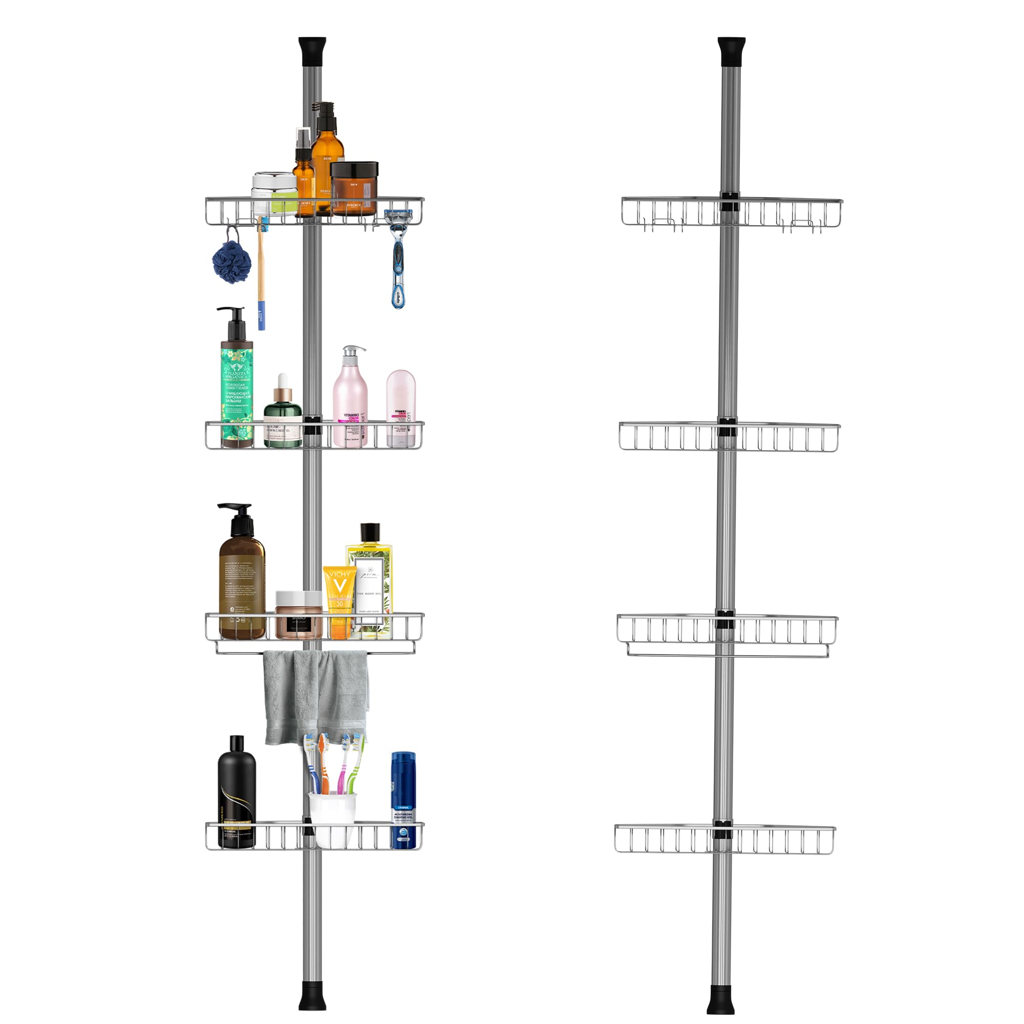 Blue Canyon 4 Tier Stainless Steel Shower Caddy, No Drill Bathroom Shelf, Telescopic Shower Caddy, Powder Coated Adjustable Shelves for Soap, Shampoo, Corner Shelf, Bathroom Organizer, Silver
