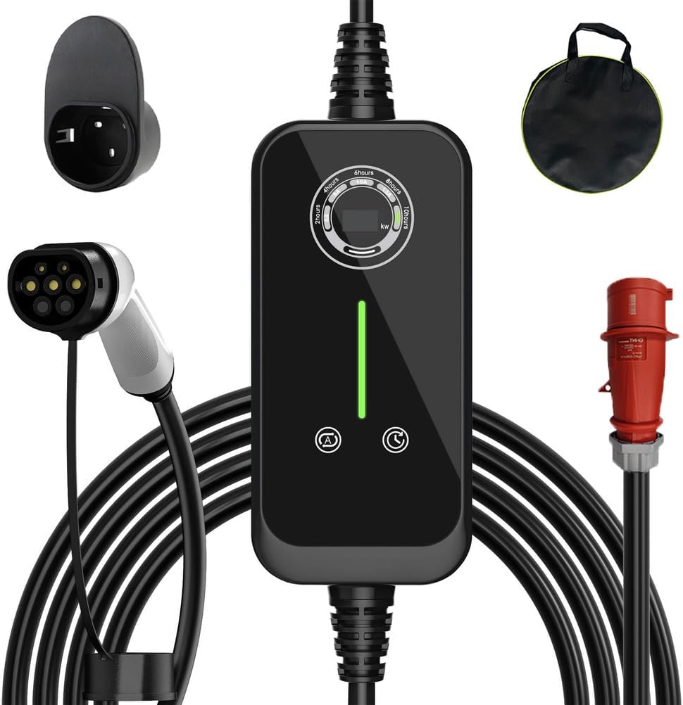 Cargador de EV Tipo 2 a Enchufe CEE Trifásico 22KW Corriente Ajustable 8-32A Cargador Portátil de EV Tipo 2 con Pantalla UI, Temporizador con Retardo de 1-10 Horas y Bolsa, Impermeable IP66,15m