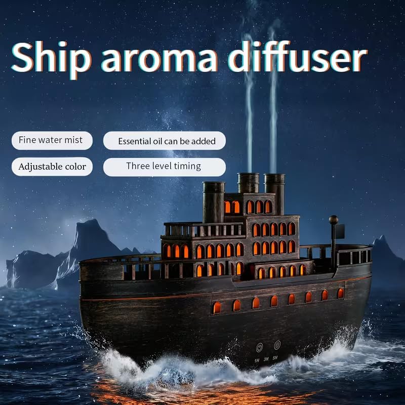 R Runilex Cruise Ship Design Aroma Diffuser Jack and Rose Style 250ml Cool Mist Diffuser Large Fog Volume Humidifier Remote Control Color Adjustable for Home Office Use (Steamboat) 1