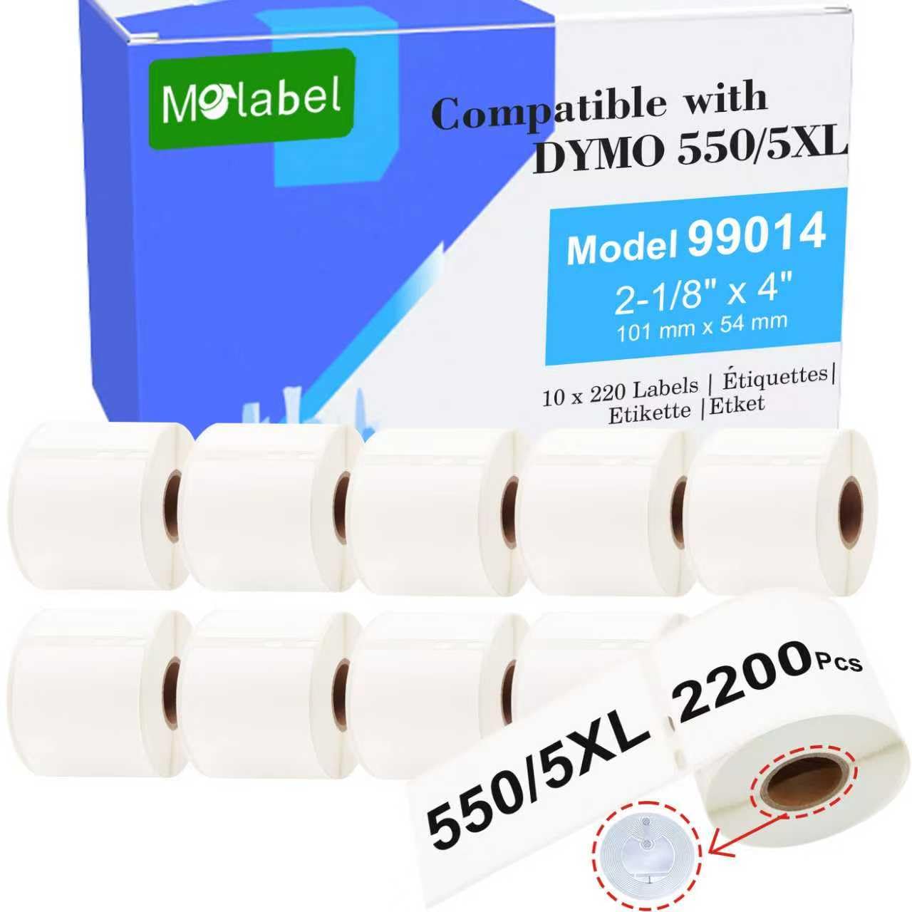 Molabel Compatible Address Labels 10 Rolls (with RFID Chip) 220 Labels per Roll Suitable for Dymo S0722430 99014 54mm x 101mm Compatible with Dymo LabelWriter 550 Printers