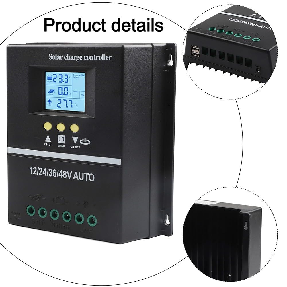 Contrôleur de charge solaire MPPT 150 A, 12 V, 24 V, 36 V, 48 V, écran LCD automatique avec deux ports USB et régulateur de batterie en aluminium, noir