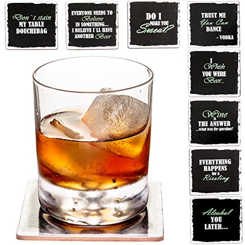 Prego Premium Drink Coaster Collection - Funny & Witty Novelty Bar Coasters - 4” Large Size Square Waterproof & Washable Table Protectors - Set of 8-2 Stainless Steel Wine Battle Stoppers Included
