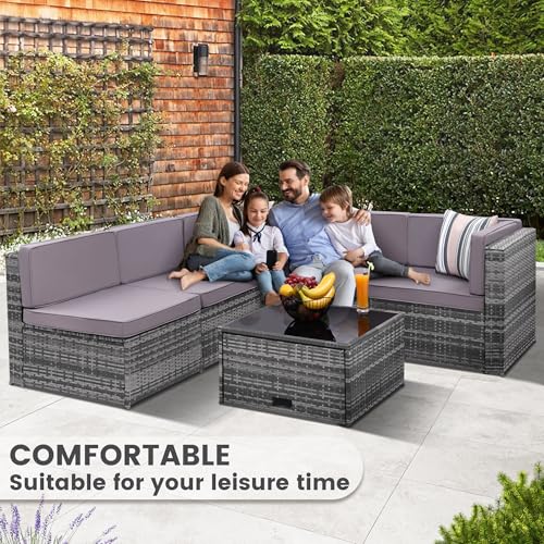 Image of KROFEM 8 Piece Patio Furniture Set, Outdoor Modular Conversation Set | UV Treated Wickers, Machine Washable Cushions, Seats 6, 2 Hidden Storage Compartments, Rustproof Frame, Waterproof, Grey