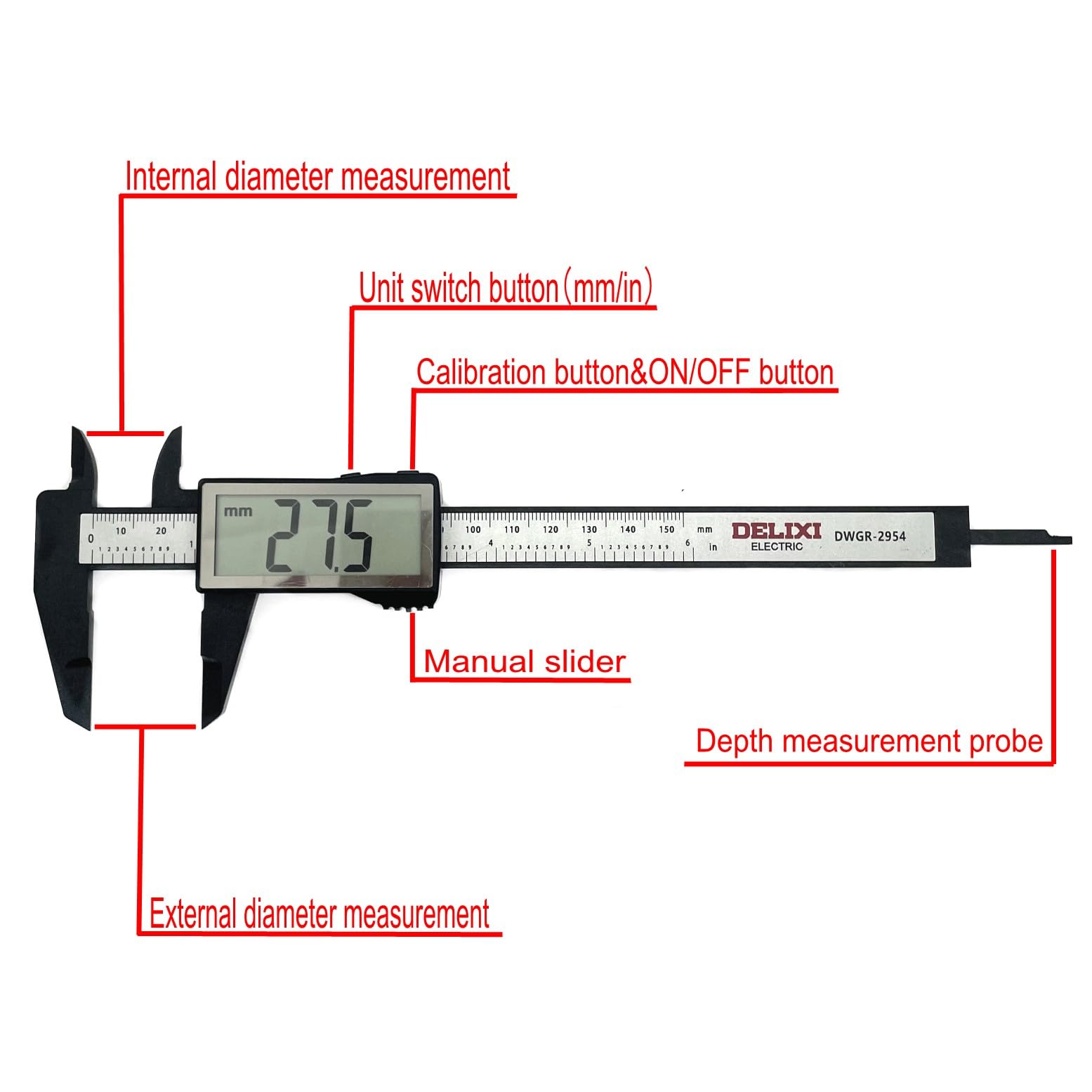 JZK calibro digitale elettronico da 150 mm in plastica con grande schermo LCD, 15 cm 6 pollici conversione metrica in pollici, misuratore di profondità, strumento di misura per diametro interno