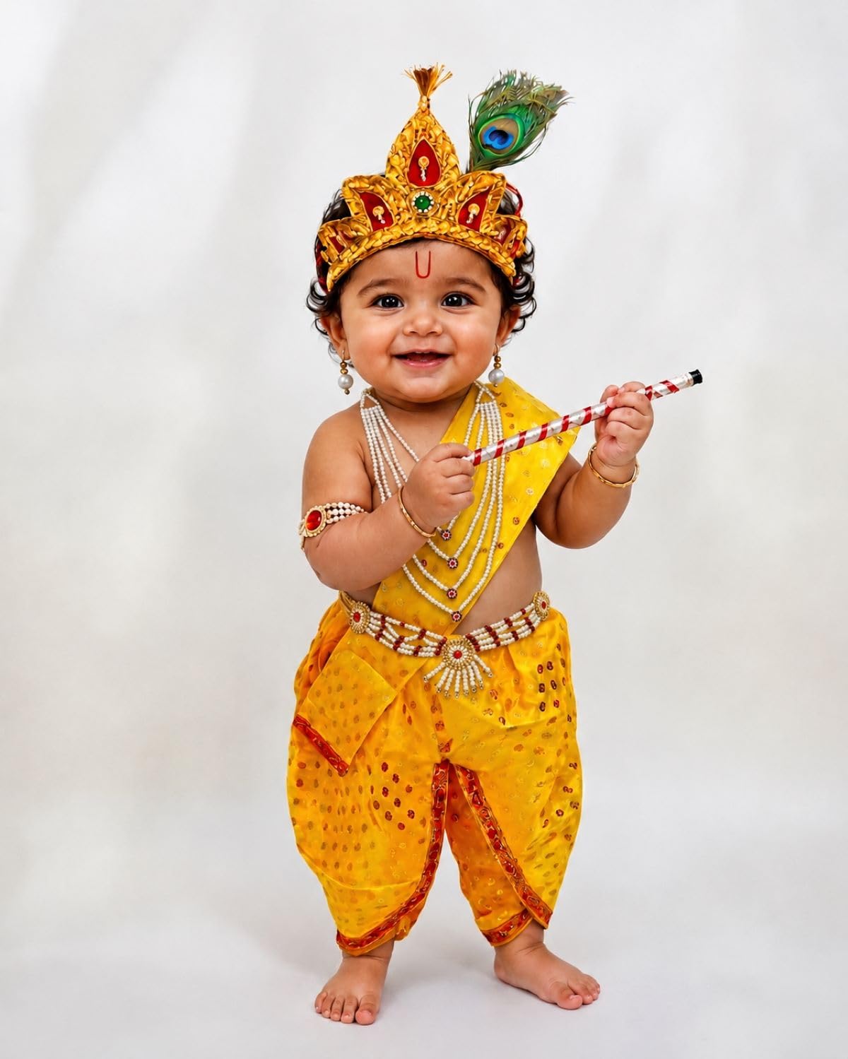 BookMyCostume Polyester Krishna Yellow Polka Dot Costume Dhoti Patka with Heavy Pearl Jewellery and Mukut Set - Janmashtami Dress Costume for Baby Kanha - Boys & Girls 6-12 Months discount deal