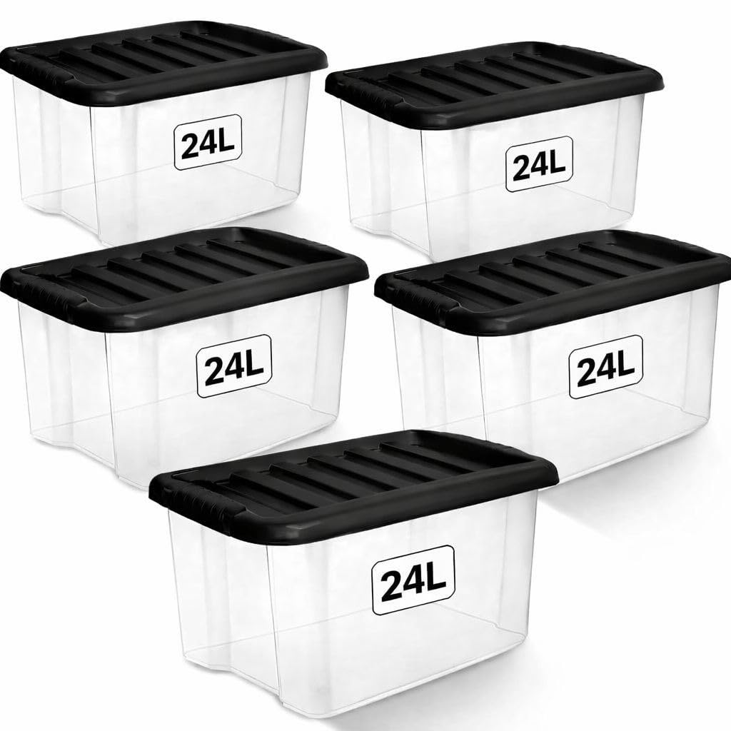 1ABOVE 5 Pack 24L Clear Plastic Storage Boxes with Black Lids – Strong BPA-Free Stackable & Nestable Storage Containers for Home, Office, Kitchen & Garage