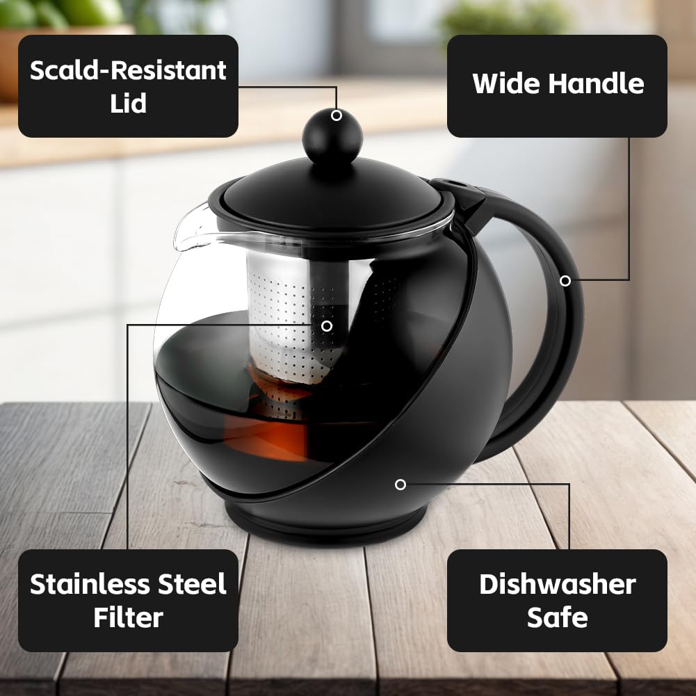 HOTUT Round Tea Pot,750ml Teekanne aus Glas,Borosilikat Glas Teebereiter mit Abnehmbare Edelstahl Sieb und Glas-Deckel,Hitzebeständig Glaskanne,zur Zubereitung von Losen Tees, Blumentee, Tropffrei