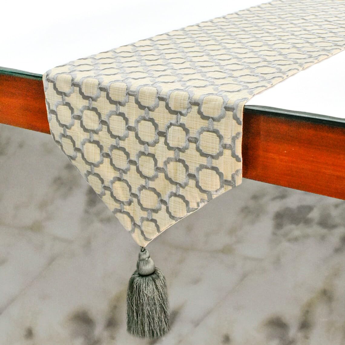 The HomeCentric Décoratif Gris Chemin de Table, 35 x 150 cm Lin Chemin de Table, Broderie et Treillis, Géométrique La Nappe, Moderne Décoration de Mariage - Geometrix Threads