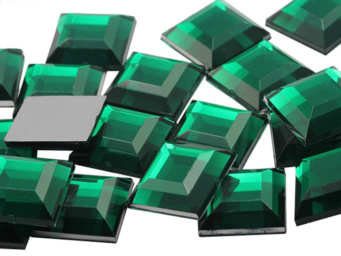 Flat Back Square Acrylic Rhinestones 15mm Plastic Gems Costume Jewels Embelishments for Jewelry Making - 30 Pieces (Green Emerald H106)