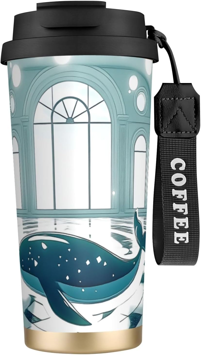 Unique Customized Coffee Mug - Insulated Stainless Steel Tumbler for Travel, Home & Office - 17 oz Glowing whale Black