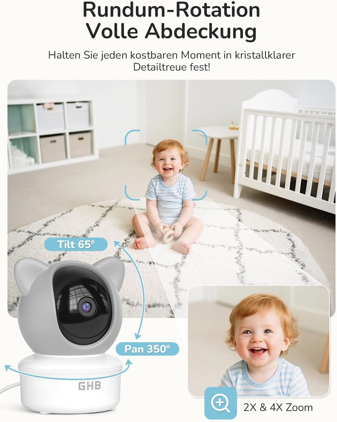 GHB Babyphone mit Kamera App WiFi IPS 5 Zoll 2K WLAN Babyphone PTZ 350°/65° Bewegungs-/Geräusch-/Weinerkennung Nachtsicht VOX 4 Zoom
