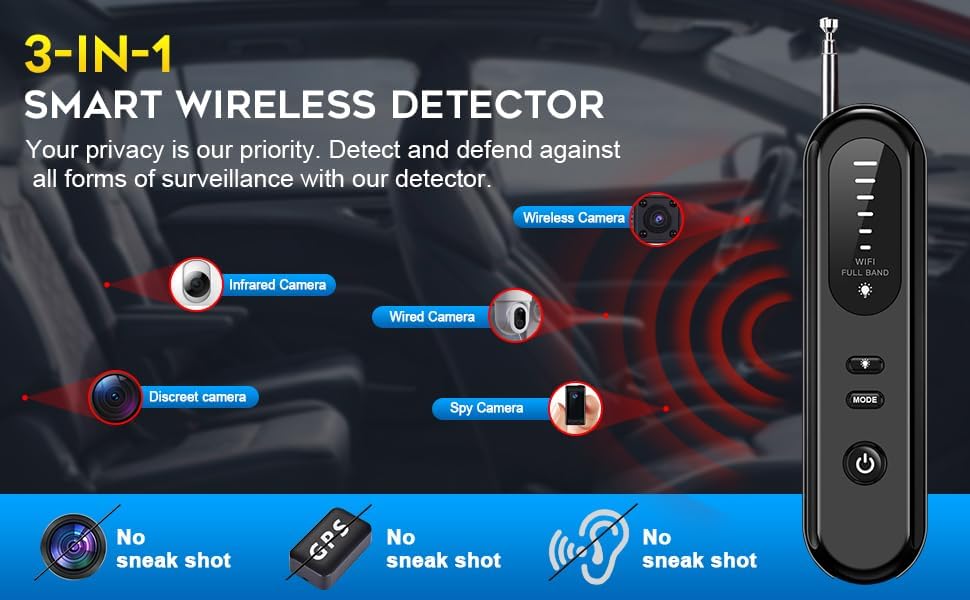 Image of Hidden Camera Detector Device- Pocket Sized Anti Spy Camera Detector, Listening Device GPS Tracker Detector, 5 Levels Sensitivity Adjustable 4 Professional Modes (A-1)