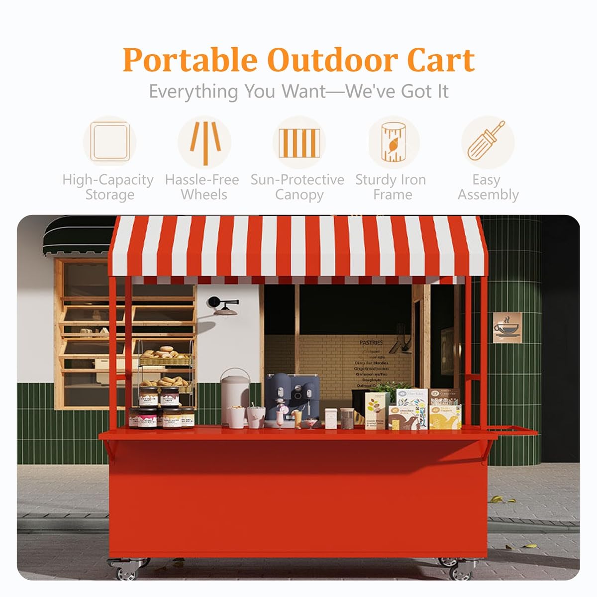 Carrito de Venta Ambulante Exterior con Toldo, Carro de Comida Portátil con Ruedas, Puesto Móvil para Helados y Street Food(A,L 120cm/47.2in)