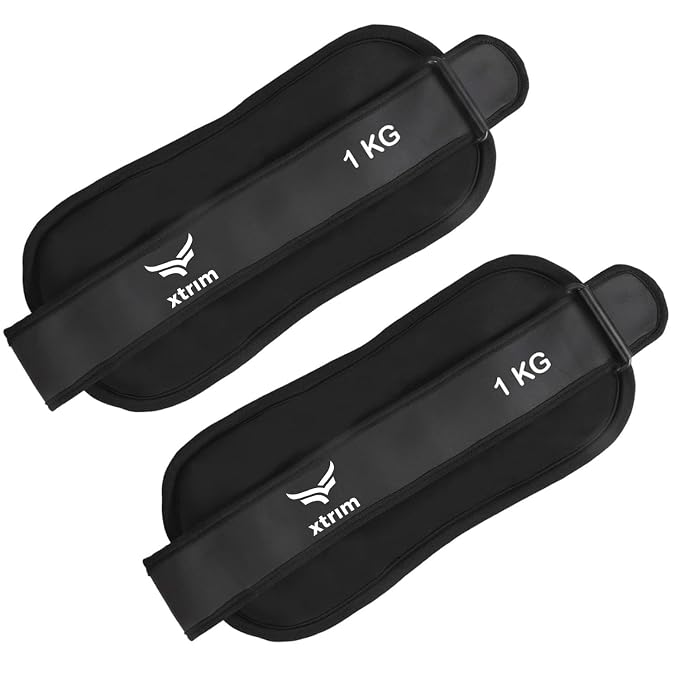Xtrim Canvas Ankle Weights 2 KG Total (1 KG x 2) for Men & Women, Iron Pellet Filled with Balanced Weight Distribution, Non-Slip Secure D-Ring Strap, Ideal for Gym, Walking, Yoga, Home Workout & Strength Training, Black