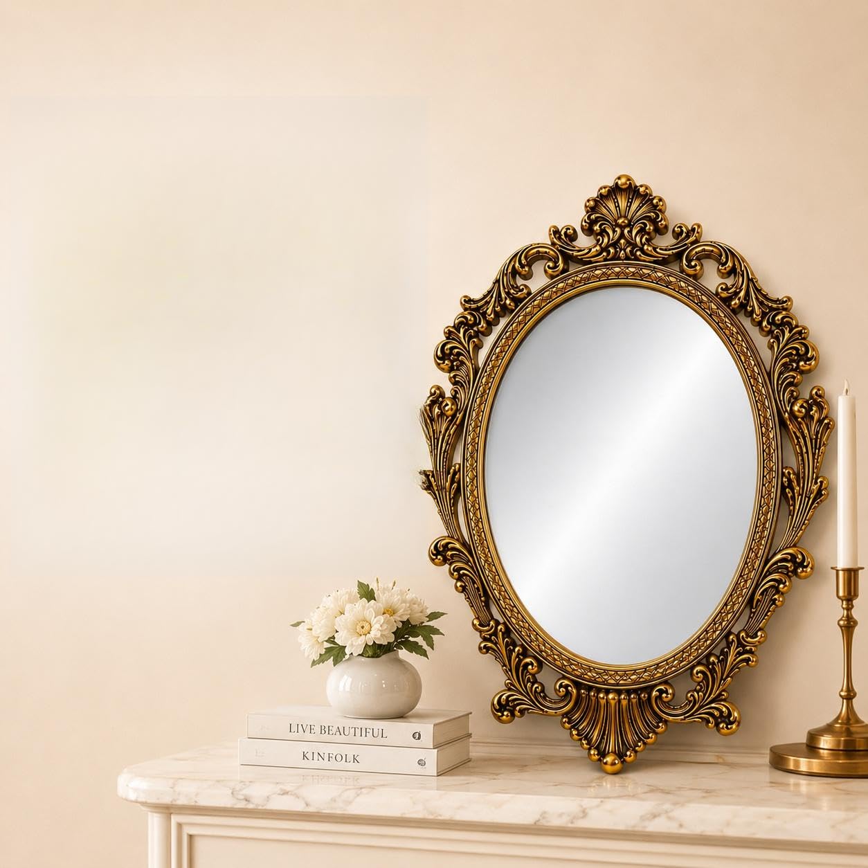 Vintage Oval Wall Mirror Table Makeup Mirror with Ornate Gold Baroque Frame | Classic Baroque Design, Wall Mounted, Living Room & Bedroom, Sturdy & Durable, Easy to Install-image-26