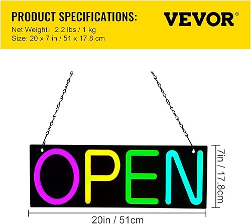 Miniatura 7 de VEVOR Letrero LED abierto, 20 x 7 pulgadas, letrero abierto de neón para negocios, brillo ajustable, luces de neón multicolor con control remoto y
