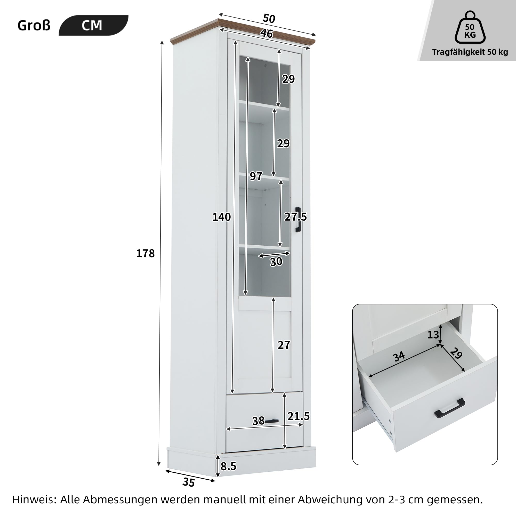 Merax Vitrina con iluminación LED, armario alto de cristal, armario de salón con 4 estantes y 1 cajones, puertas de cristal, armario multiusos para salón, oficina, cocina, color blanco mate, 50 x 35 x