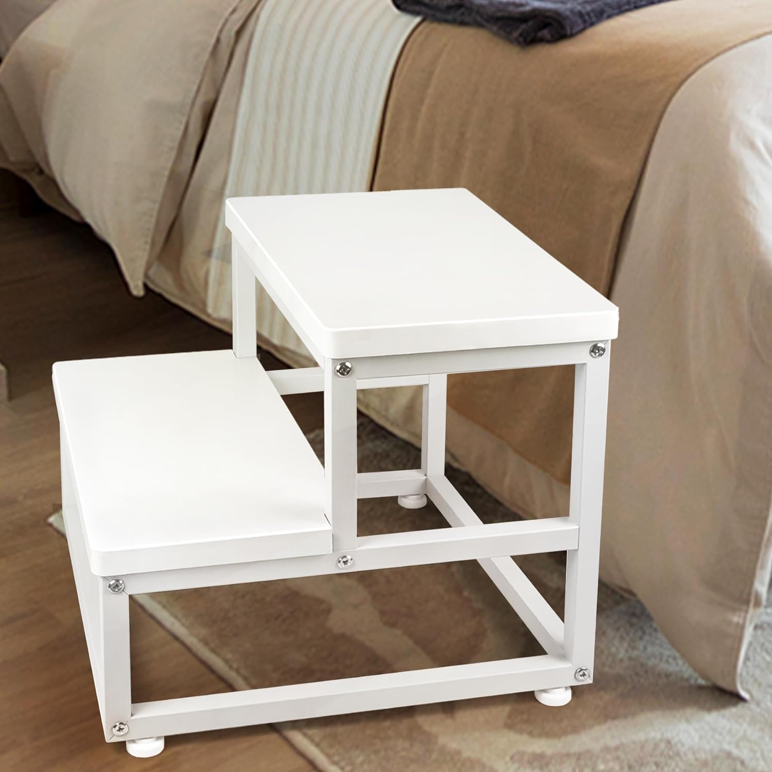 OGFC 34113 Step Stools for Adults Kids, 2 Step Stool for High Beds, Heavy Duty Steel & Sturdy Wooden Step Stool Helper, Supports Up to 500lb, Foot Stool for Kitchen Bedroom Bathroom - White-picture-21