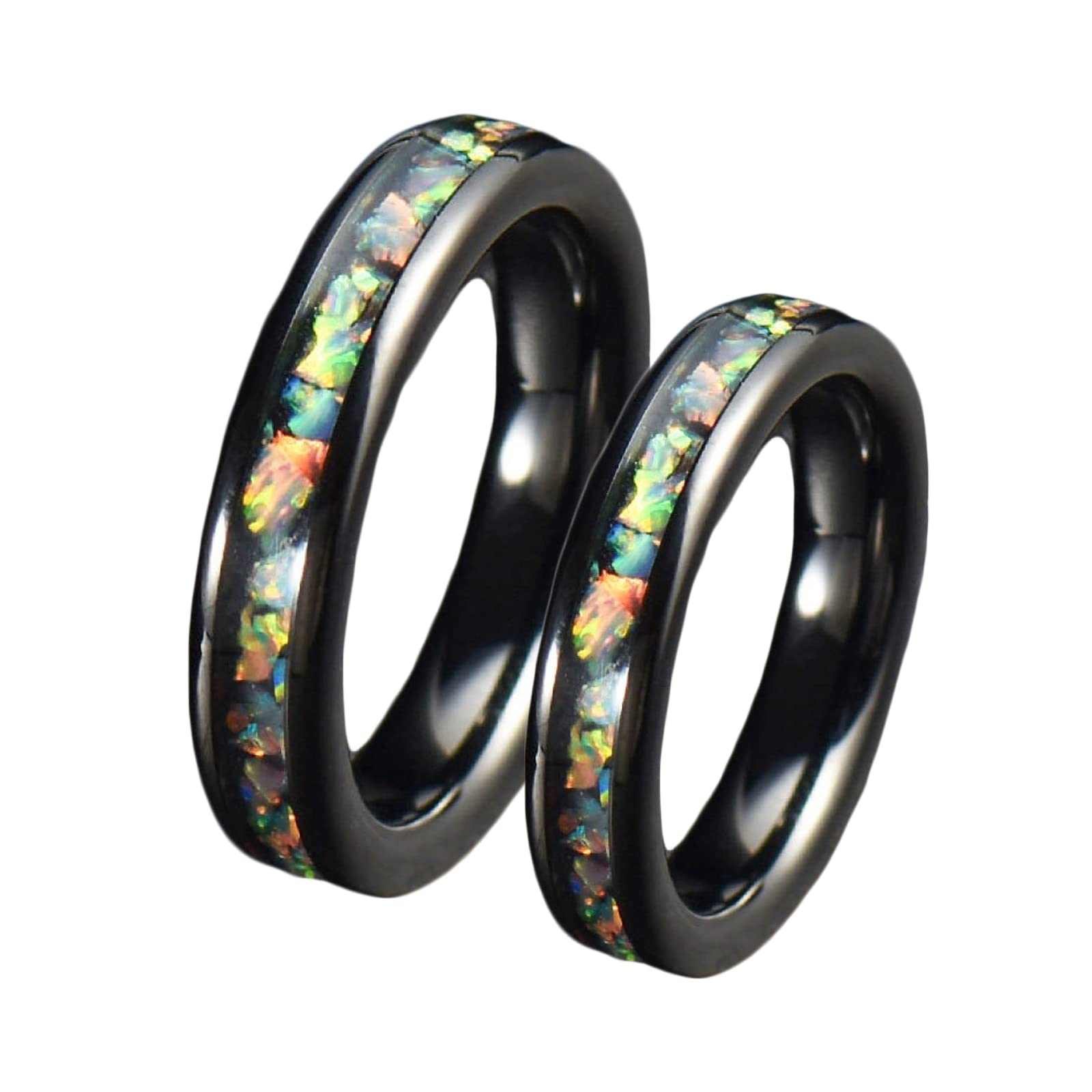 Gualiy Anillo de boda de acero inoxidable, ajuste cómodo, anillos de compromiso, anillos de matrimonio de 4 mm, anillo negro incrustado de concha colorida para mujeres L 1/2 + hombres P 1/2, Women L