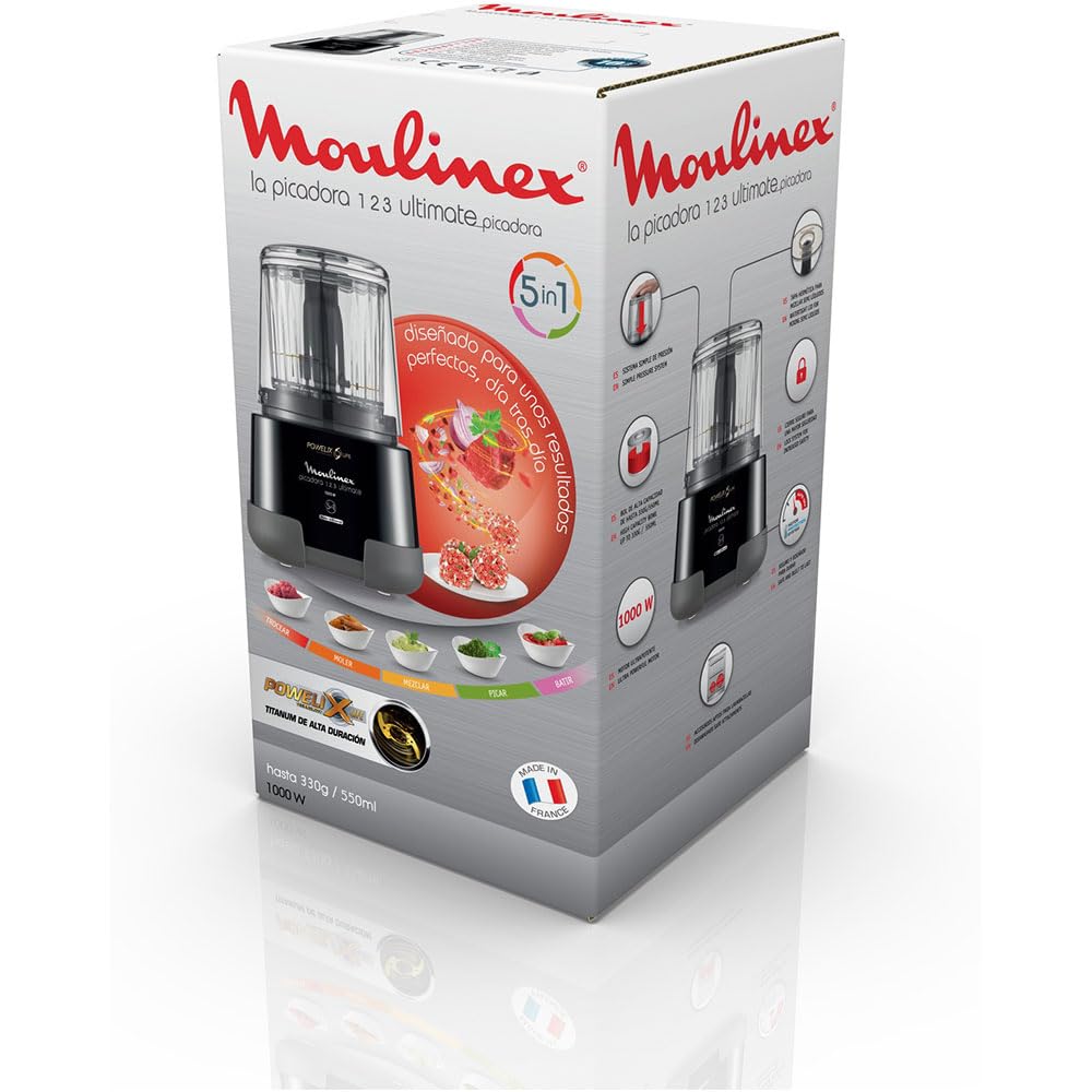 Moulinex dp810855 Tritatutto elettrica, 1000 W, 2 Lame Powerlife, capacità fino a 350 G/550 ML, Coperchio ermetico, sistema di protezione contro Il surriscaldamento, Nero