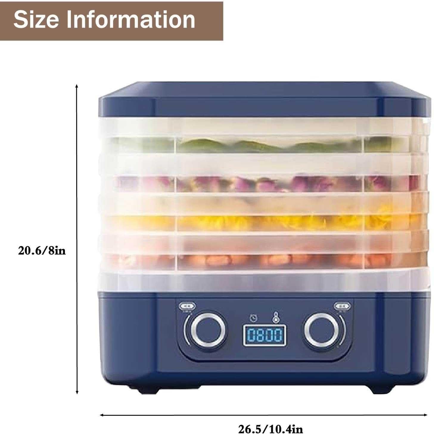 Disidratatore for alimenti e carne a scatti con 5 vassoi, | Timer digitale e controllo temperatura regolabile, mini asciugatrice for carne secca, frutta carne verdure caramelle(White)