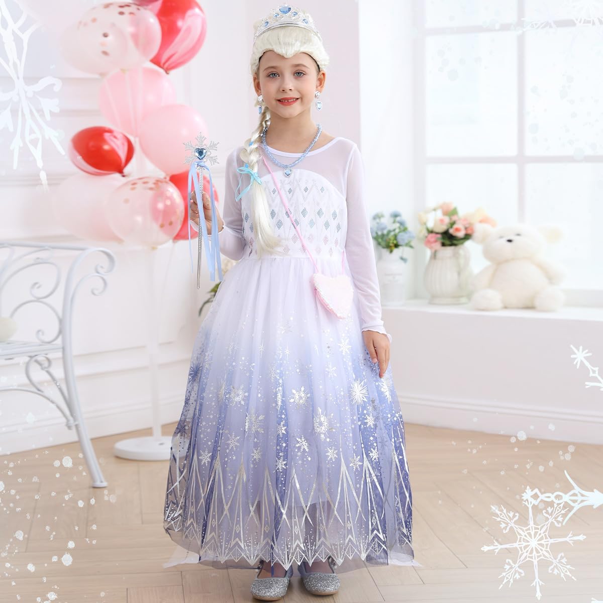 Elsa White Princess Dress for Girls Halloween Costume Kids Birthday Party Long Sleeve Outfit with Wig Accessories