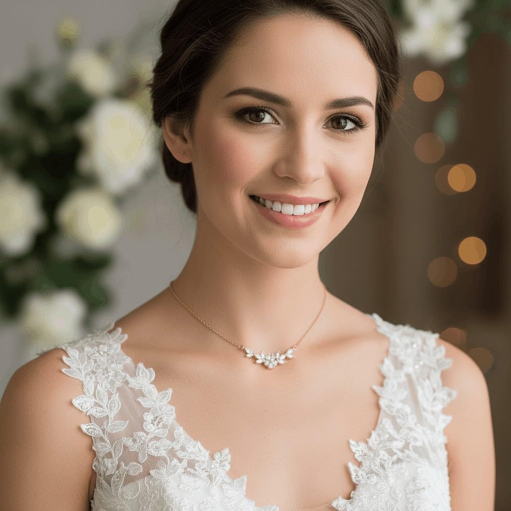 Collier de dos mariage, acier doré, perles transparentes et fleurs strass