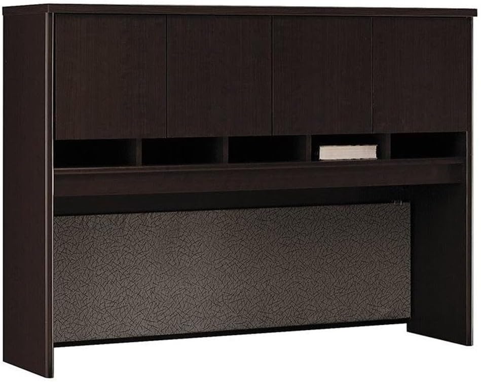 Scranton & Co 60W Office Hutch, Mocha Cherry Finish, 4-Door Covered Storage, Fabric Tack Board, Open Cubbies, Self-Closing Hinges, Professional Desk Organizer for Home or Workplace