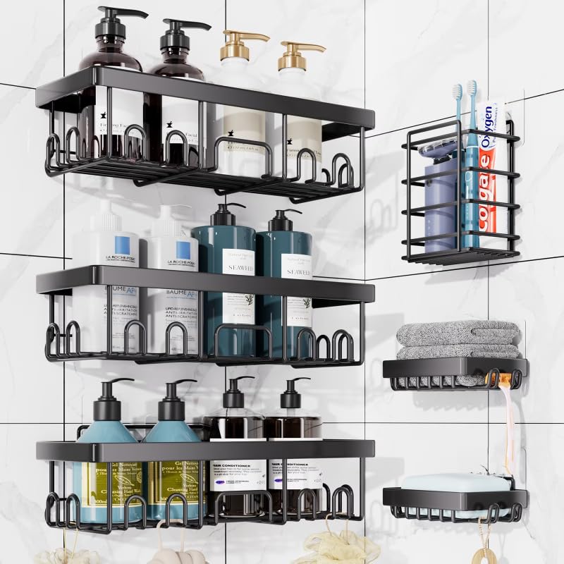 Adhesive Shower Caddy 6 Pack Large Capacity Bathroom Organizers and Storage No Drilling Wall-Mounted Basket Black