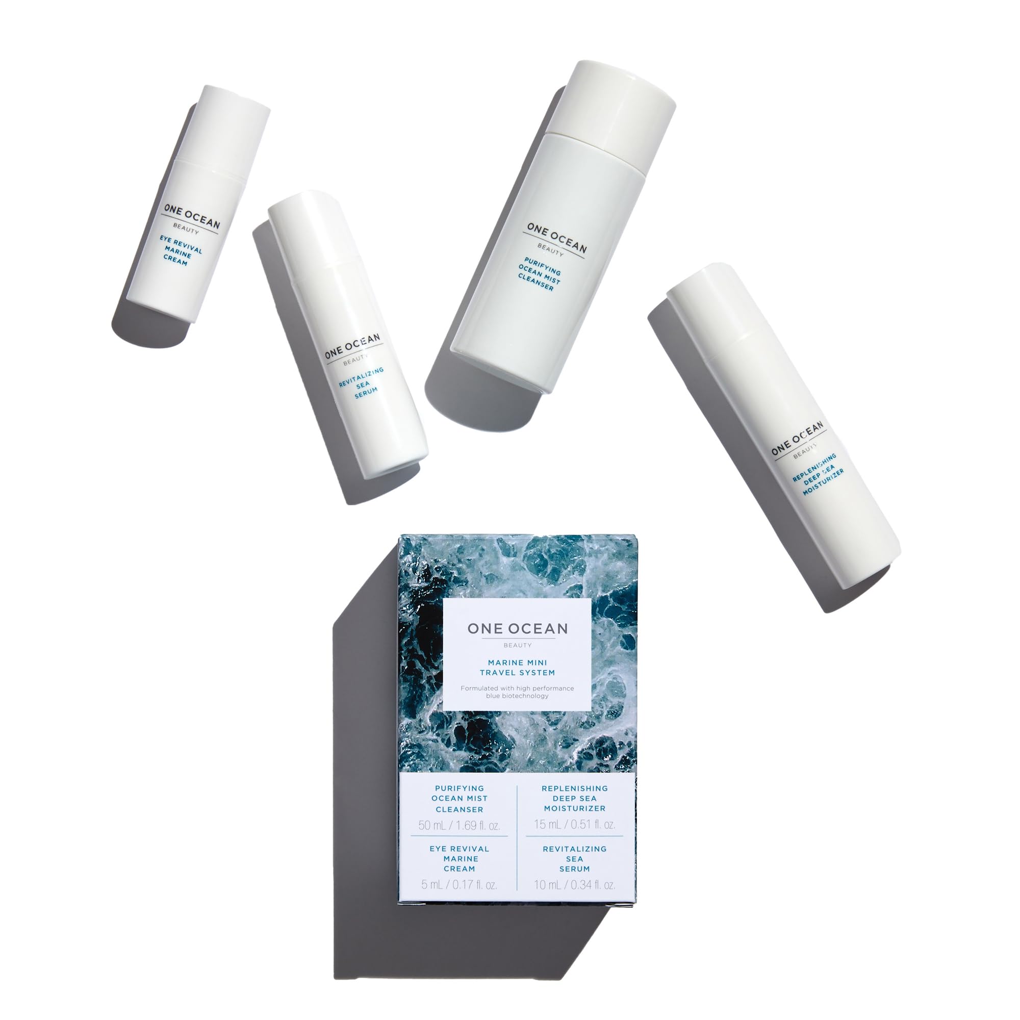 One OceanBeauty Marine Mini Travel System - Skincare Travel Kit Essentials - Natural and Cruelty-Free - Boost Skin Elasticity - Cleanser, Moisturizer, Eye Cream, and Serum - 4 Pc