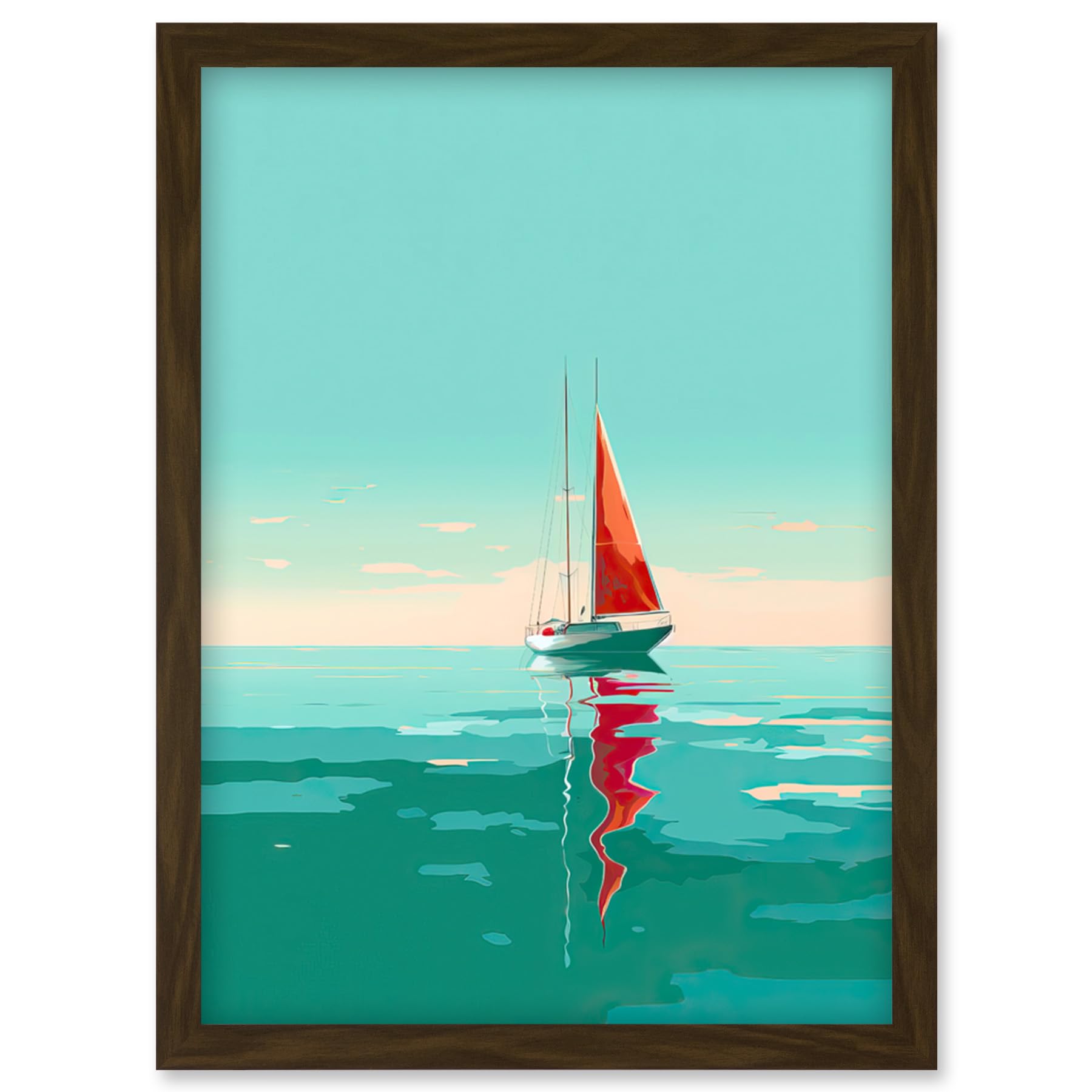 Artery8 A Sailboat with a Red Sail Sailing on a Calm Sea Artwork Framed Wall Art Print A4