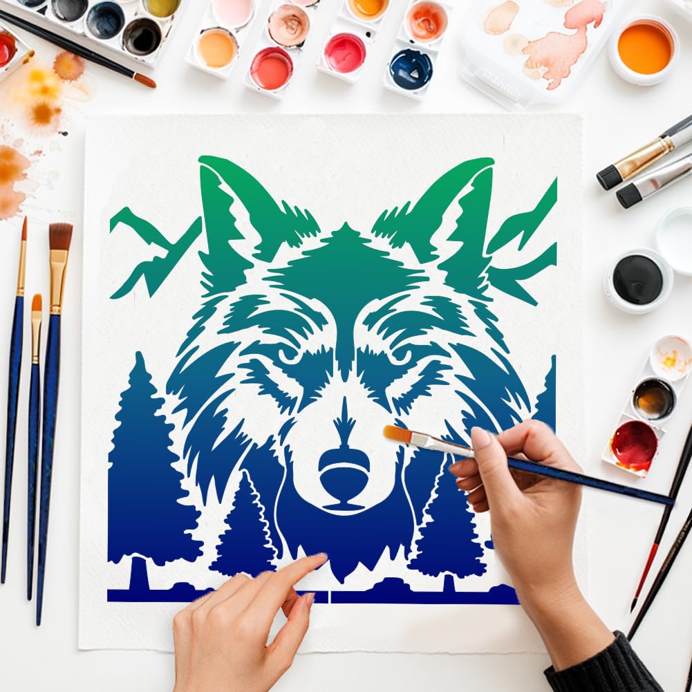 MAYJOYDIY 9 plantillas de montaña con diseño de lobo, 30 x 30/29,7 x 21 cm, plantillas reutilizables con pincel de pintura para manualidades en ventanas, madera, pared, decoración del hogar