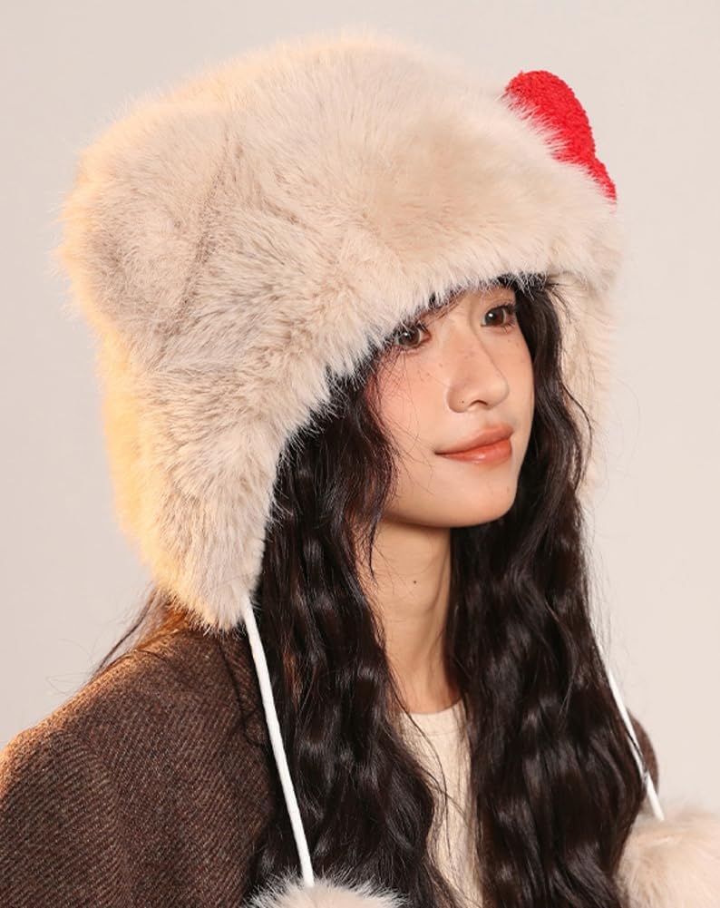 Pocadri Womens Winter Fluffy Faux Fur Trapper Hat Cute Cartoon Ear Beanie Cap Fleece Snow Hat with Earflap Festival Gifts