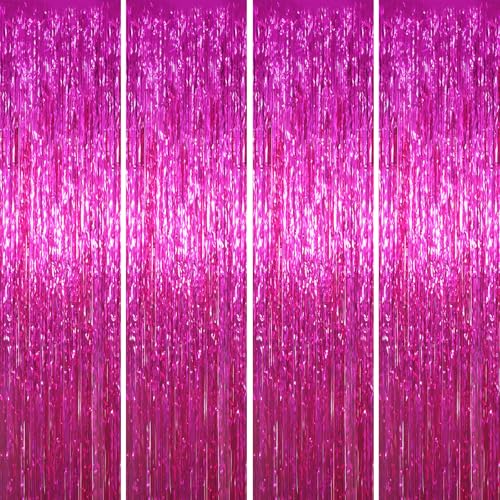 Image of Voircoloria 4 Pack Pink Foil Fringe Backdrop Curtains, Tinsel Streamers Birthday Party Decorations, Fringe Backdrop for Graduation, Baby Shower, Gender Reveal, Disco Party