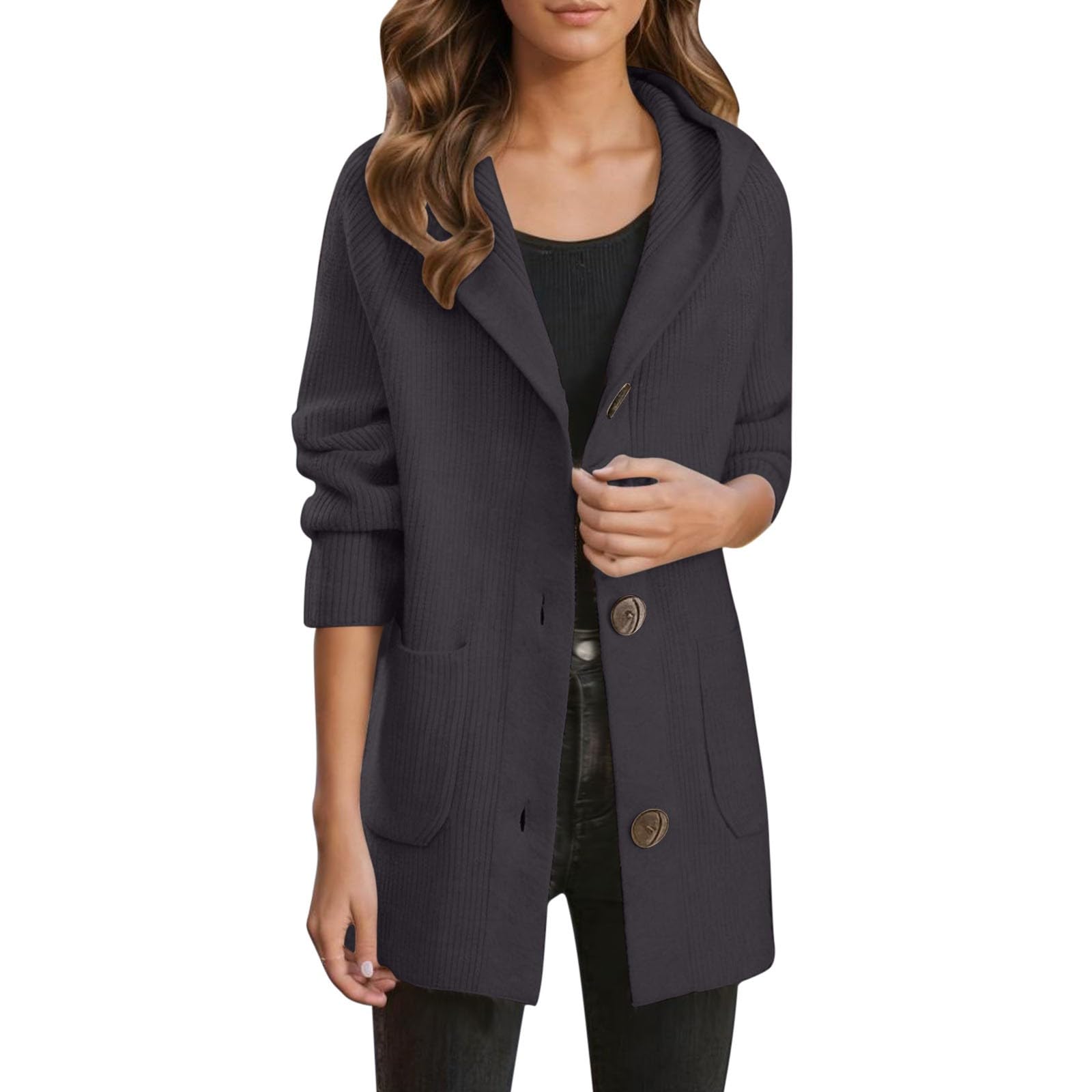 Womens Long Sleeve Cardigan Sweater Fall Hooded Button Open Front Chunky Knit Solid Outfits with Pockets