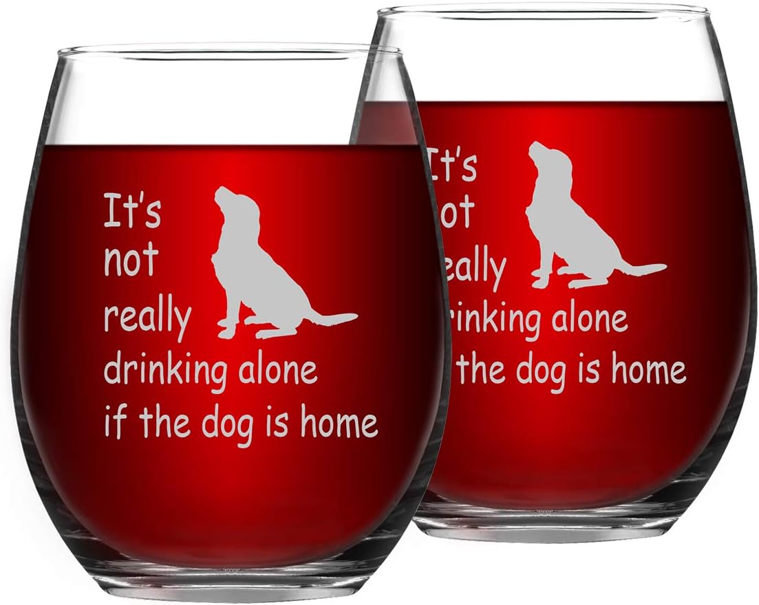 Bеѕt Rеvіеw It's Not Really Drinking Alone If The Dog Is Home Funny Stemless Wine Glass. Funny Glass for Dog Lovers Dog Mom Pet Lover Dog Owner, 15 Oz, Set of 2