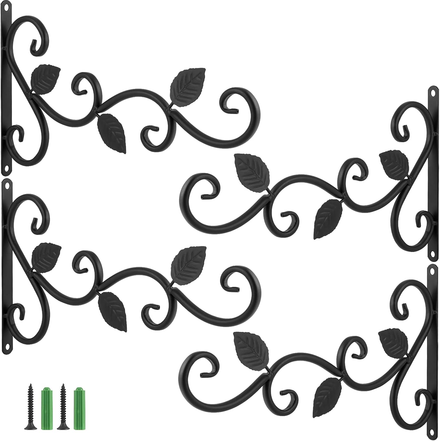HAKZEON 4 Pack 12 Inches Wall Hook Hanging Plant Bracket, Metal Planter Hook Wall Mounted Elegant Decorative Hanger Hook with Screws, for Lanterns, Planters, Flower Baskets, Wind Chimes, Black