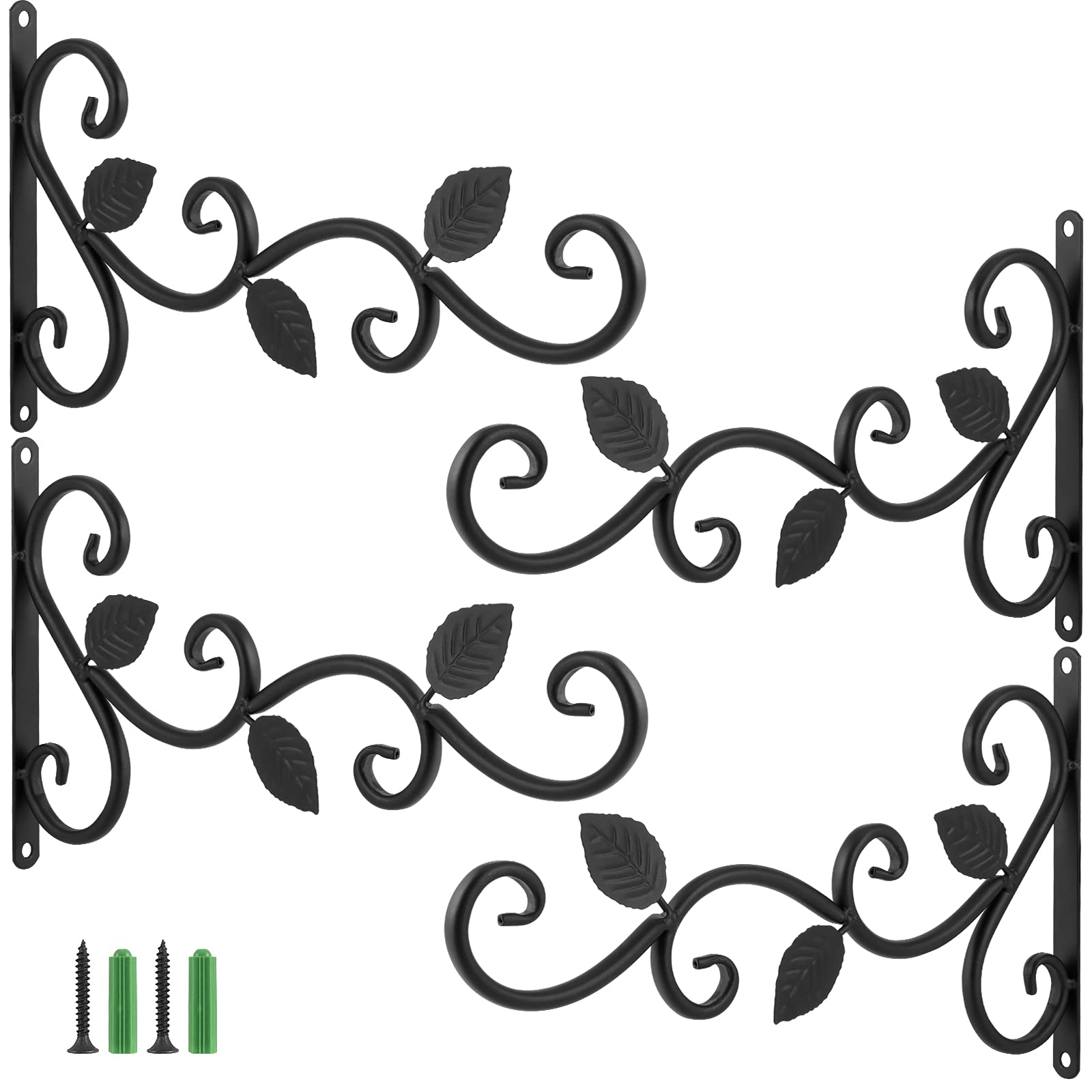HAKZEON 4 Pack 12 Inches Wall Hook Hanging Plant Bracket, Metal Planter Hook Wall Mounted Elegant Decorative Hanger Hook with Screws, for Lanterns, Planters, Flower Baskets, Wind Chimes, Black