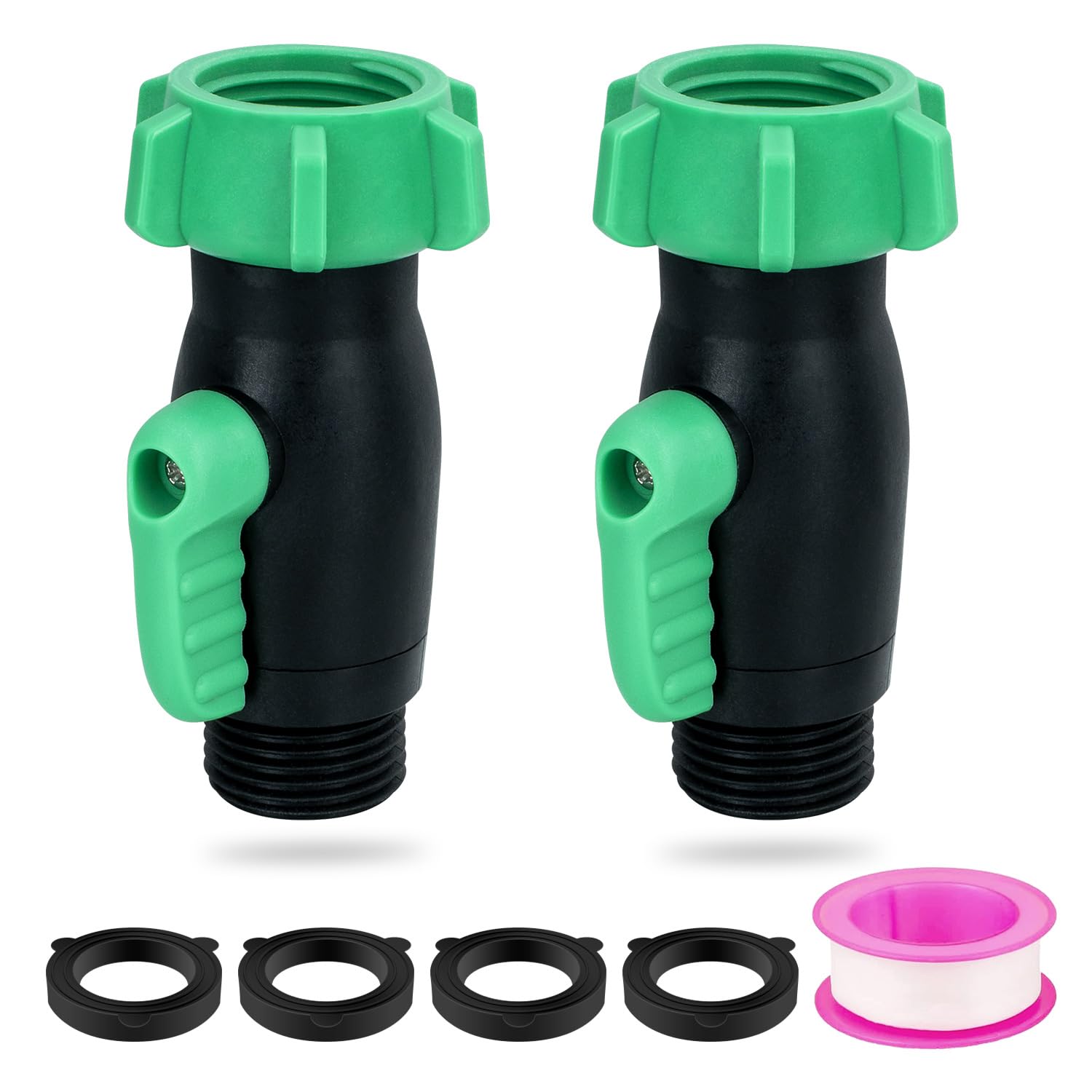 2 Pcs 0 Degree Garden Hose Shut Off Valve, Heavy Duty Plastic Water Shut Off Valve, Fits 3/4 Inch Garden Hose Connector with 1 Teflon Tape and 4 Extra Rubber Washers