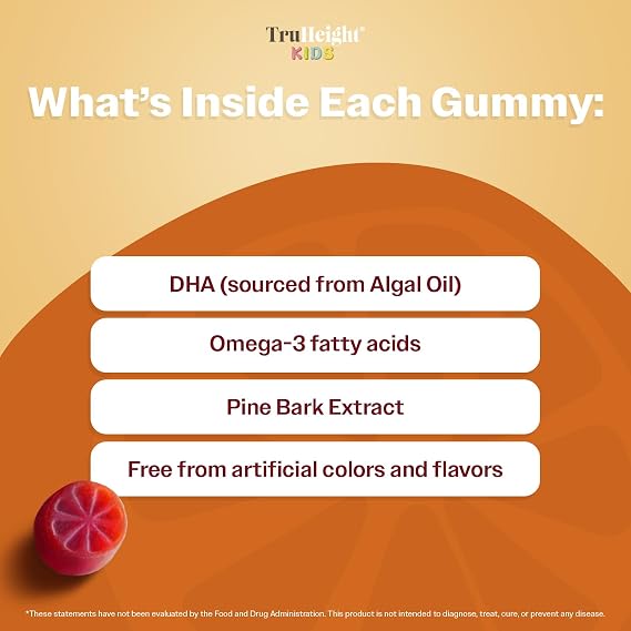 TruHeight Kids Brain Growth Gummies (Orange, Ages 2+) All Natural Kids & Teens Vitamins - Omega 3 Gummies Supports Brain Growth, Mental Clarity, Focus, Eye Health, Memory Supplements, DHA Multivitamin